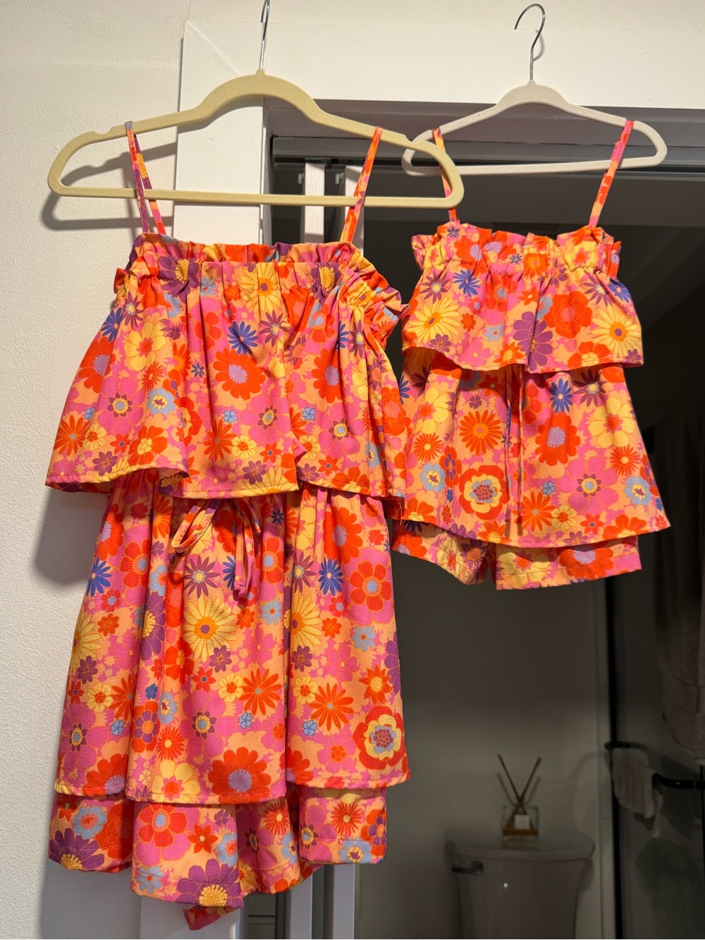 Pink Lily x Krista Hornton Floral Tiered Matching Romper Dresses - Pink & Orange